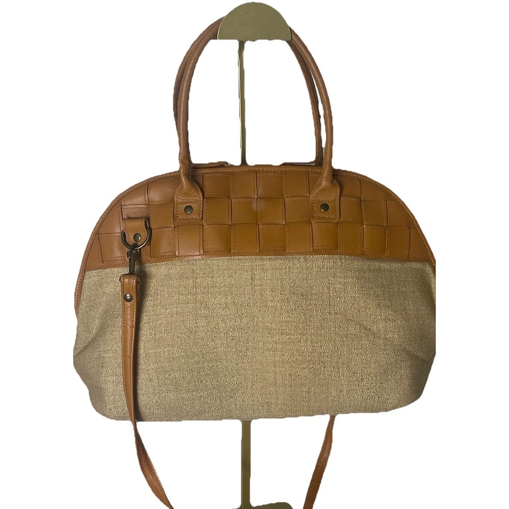 La Borsa Woven Cognac Leather & Solid Beige Woven Fabric‎ Satchel Handbag